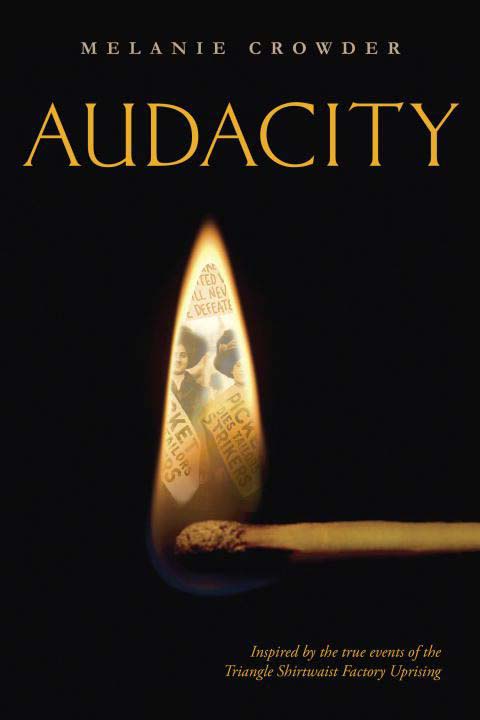 Book cover of Audacity by Melanie Crowder - Black background with firelit image